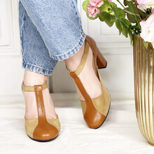 Salomé en cuir lisse marron et velours camel