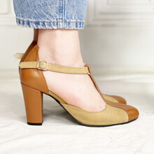 Salomé en cuir lisse marron et velours camel